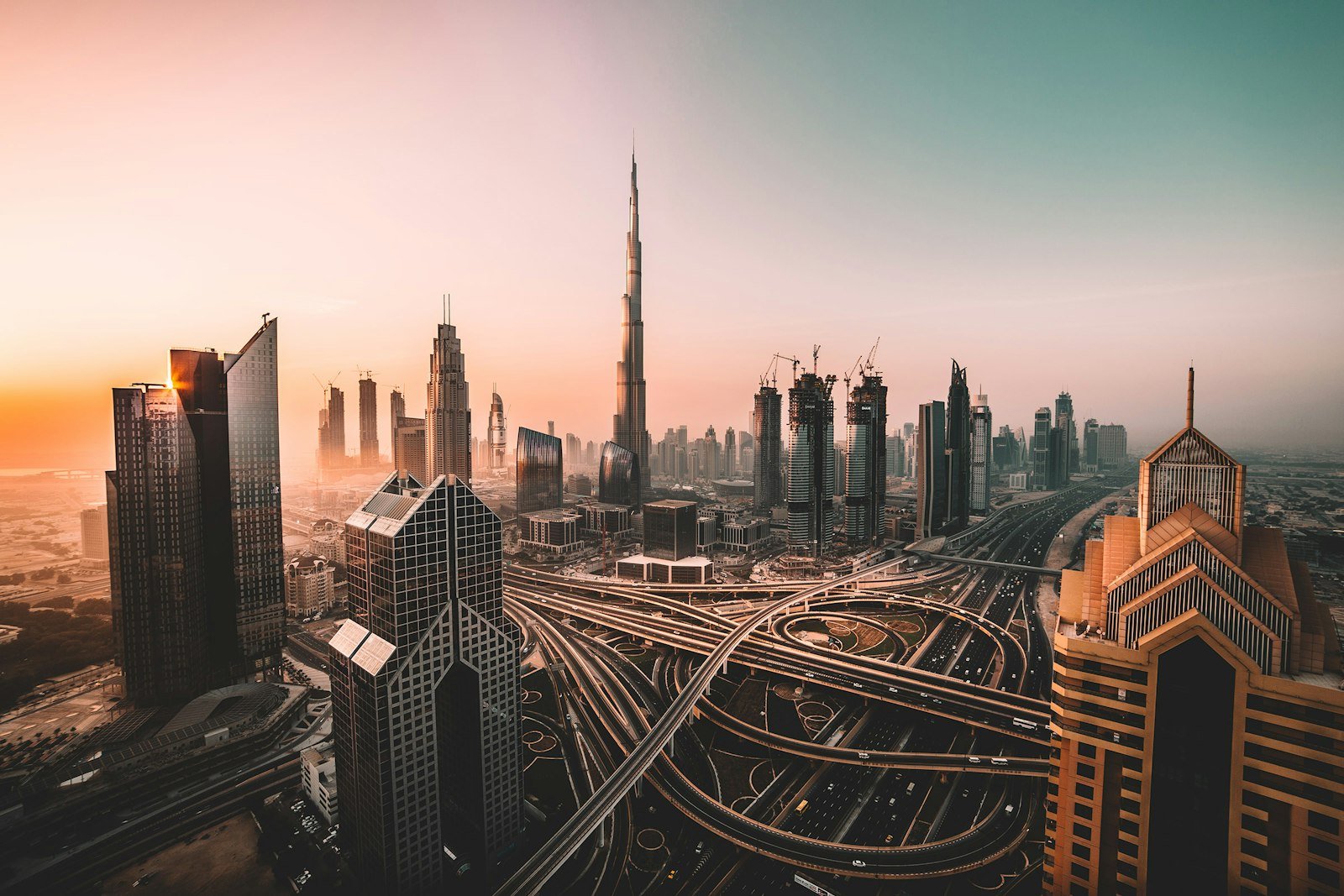 Dubai skyline with the Burj Khalifa at sunset