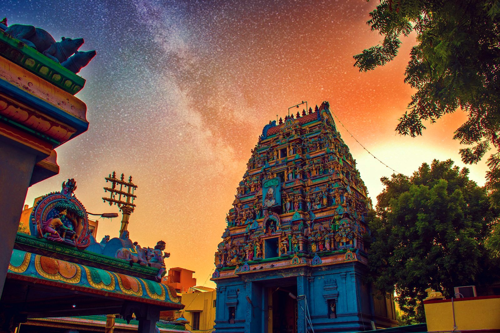 An intricately carved and painted Tamil temple gopuram